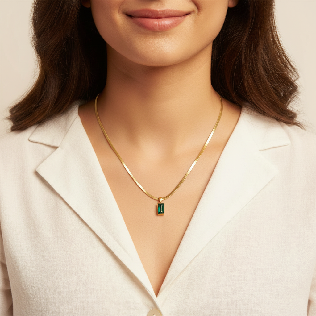 Emerald Cut Green Stone Pendant on Herringbone Chain | Gold Dainty Jewellery LN10329