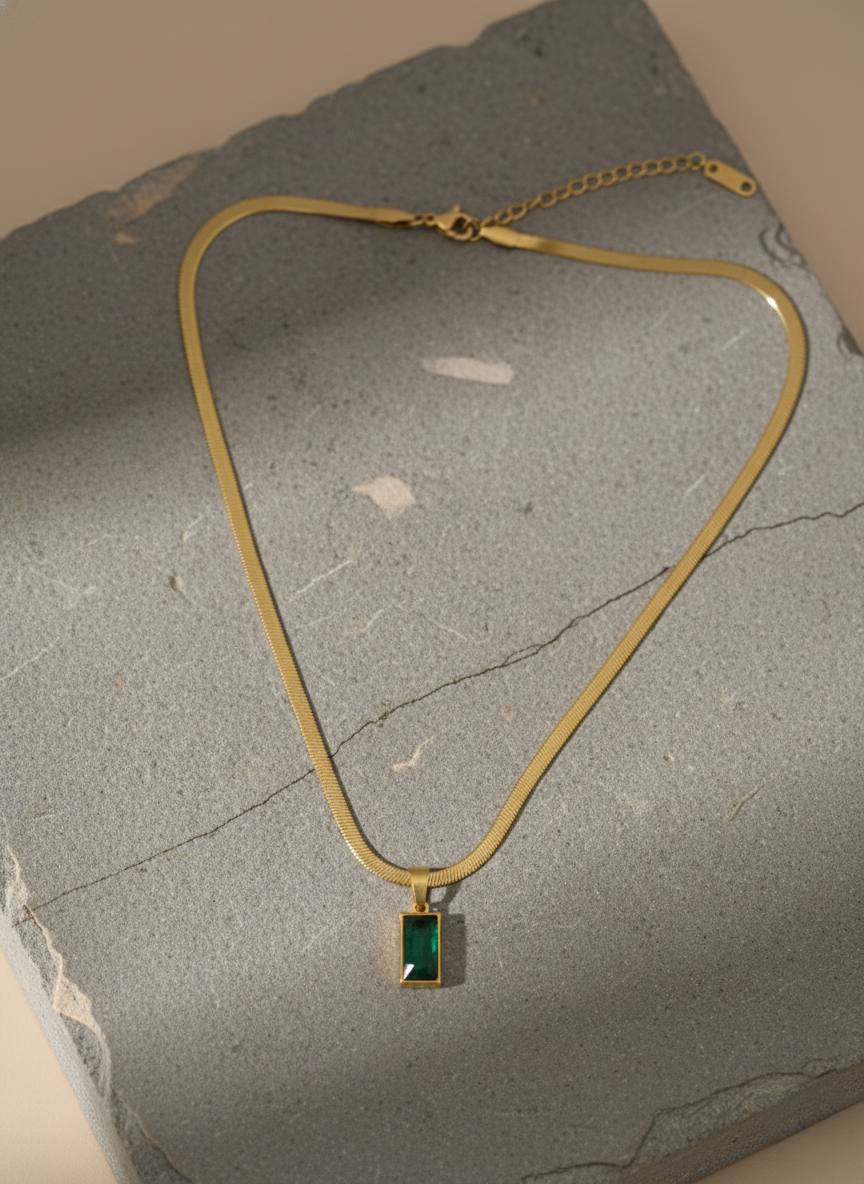 Emerald Cut Green Stone Pendant on Herringbone Chain | Gold Dainty Jewellery LN10329