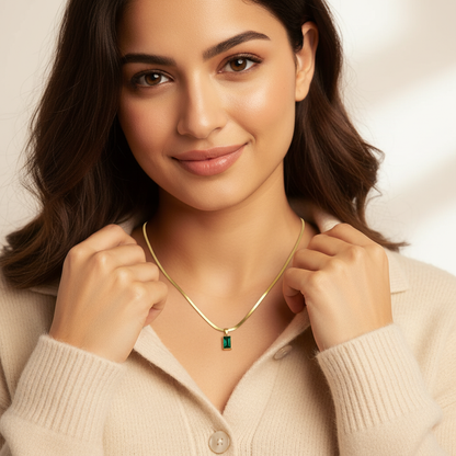 Emerald Cut Green Stone Pendant on Herringbone Chain | Gold Dainty Jewellery LN10329