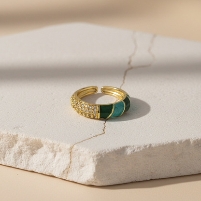 Emerald Green Enamel & Gold Adjustable Ring with Diamonds LR10210