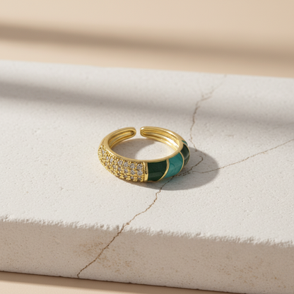 Emerald Green Enamel & Gold Adjustable Ring with Diamonds LR10210