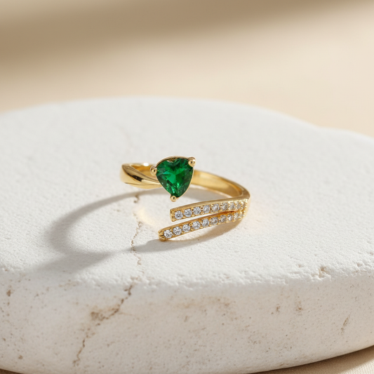 Emerald Heart Gold Ring – Adjustable Open Band with Green Stone & Crystals LR10189