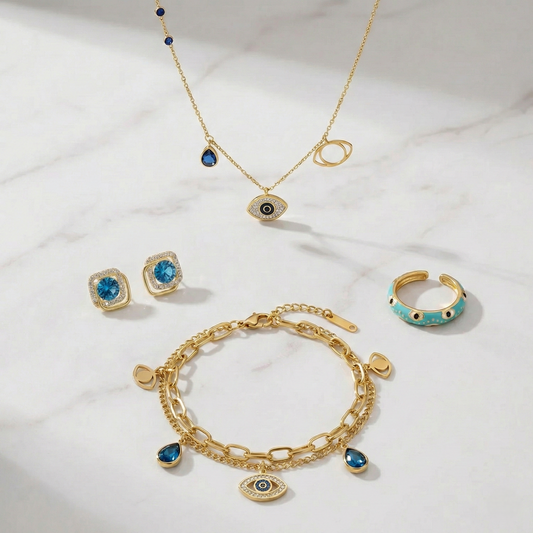 Evil Eye Jewellery Combo Set – Gold Necklace, Bracelet, Turquoise Ring & Blue Crystal Stud Earrings for Women LCS10122