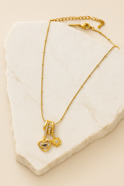 Evil Eye Heart & Daisy Charm Necklace in Gold LN10272