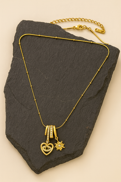 Evil Eye Heart & Daisy Charm Necklace in Gold LN10272