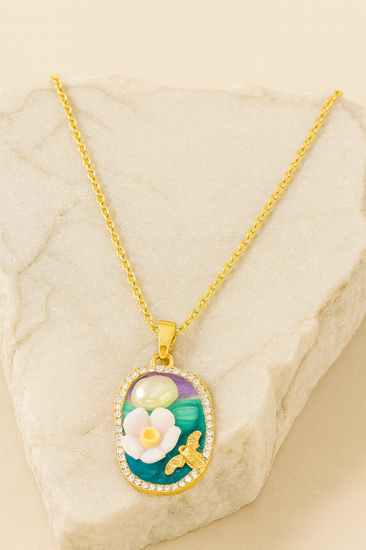 Floral Enamel Gold Pendant Necklace with Pearl – Handcrafted Statement Jewelry for Women LN10288