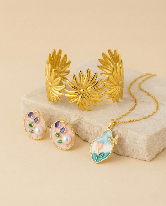 Floral Gold Jewellery Combo Set for Women – Daisy Cuff Bracelet, Pearl Enamel Stud Earrings & Butterfly Pendant Necklace LCS10121