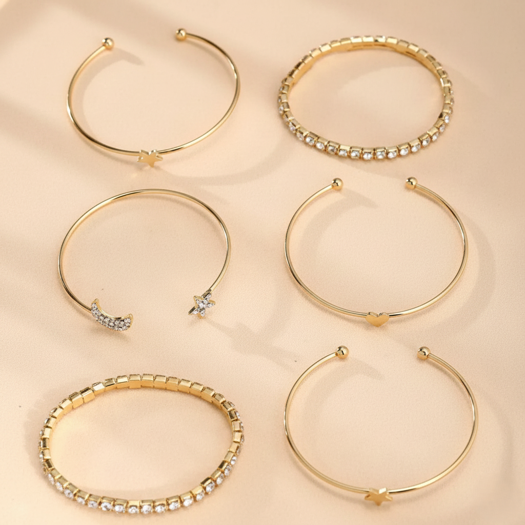 Gold Star & Moon Adjustable Cuff Bracelet Set LB10109