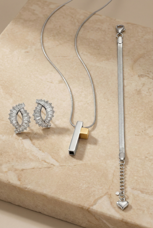 Silver Jewellery Combo Set – Crystal Stud Earrings, Two-Tone Pendant Necklace & Heart Charm Bracelet (Anti-Tarnish) LCS10124