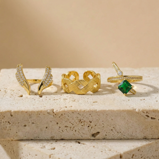 Gold Adjustable Ring Combo Set for Women – Angel Wing, Emerald Stone & Woven Lattice Statement Rings ( Set of 3 ) LCS10118