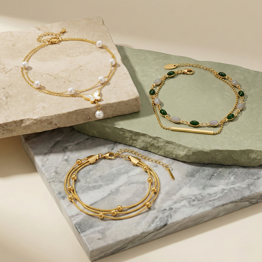 Gold Bracelet Combo Set for Women – Pearl Butterfly Charm, Green Stone Dual Layer & Multi-Strand Beaded Bracelet ( Pack of 3 ) LCS10112