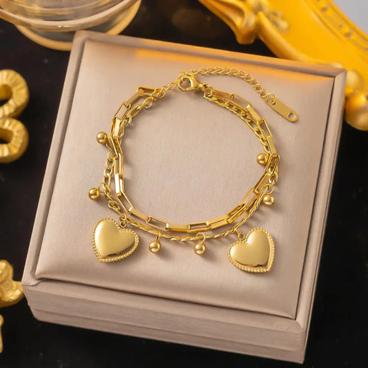 Gold Charm Bracelet Combo Set for Women – Clover, Heart & Evil Eye Layered Bracelets (Pack of 3) LCS10111