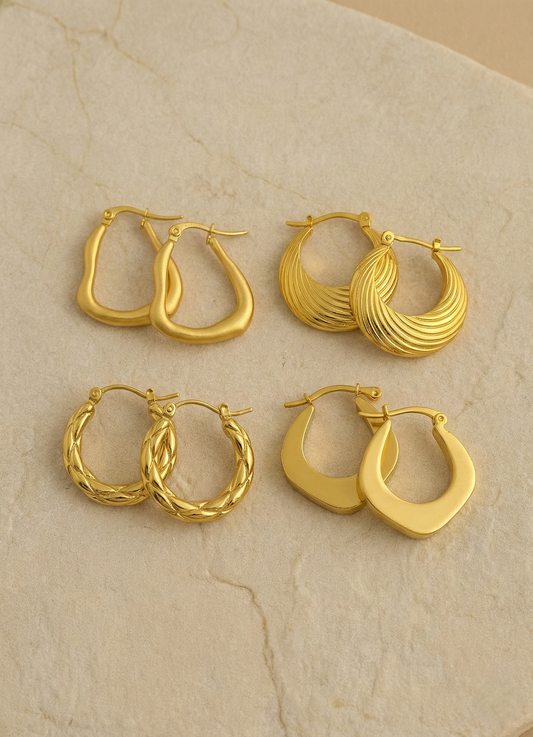 Gold Hoop Earrings Combo Set for Women – Textured, Braided & Geometric Minimalist Hoops (Set of 4) LCS10101