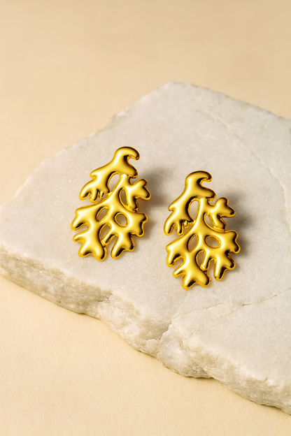 Gold Abstract Leaf Earrings for Women – Artistic Statement Studs LE10290