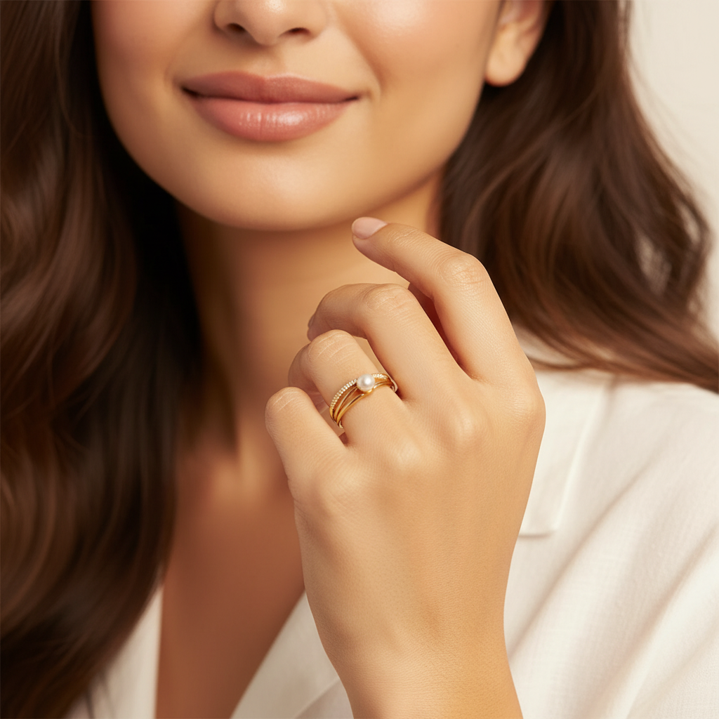 Gold Adjustable Pearl & Pave Wrap Ring | Modern Open Band Jewellery LR10225