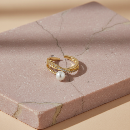 Gold Adjustable Pearl & Pave Wrap Ring | Modern Open Band Jewellery LR10225