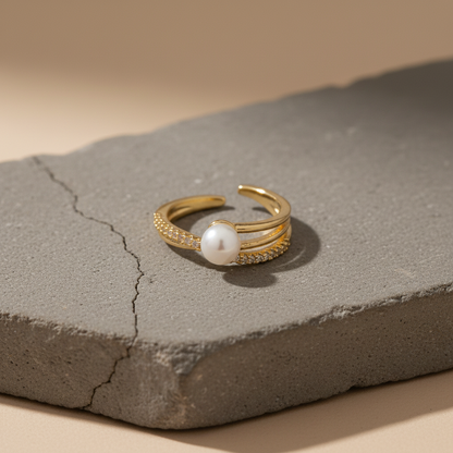Gold Adjustable Pearl & Pave Wrap Ring | Modern Open Band Jewellery LR10225