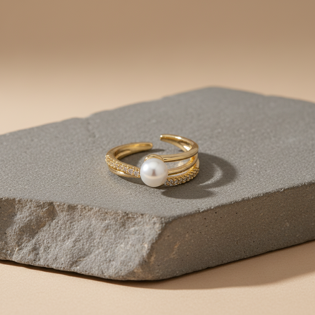 Gold Adjustable Pearl & Pave Wrap Ring | Modern Open Band Jewellery LR10225