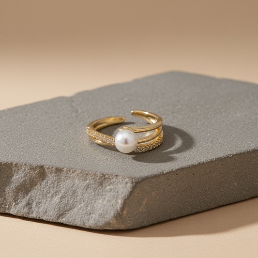 Gold Adjustable Pearl & Pave Wrap Ring | Modern Open Band Jewellery LR10225