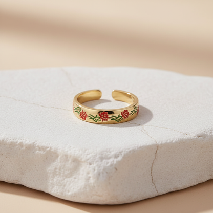 Gold Adjustable Ring with Red Floral Enamel Design LR10205
