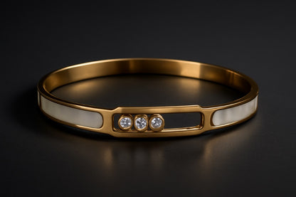 Gold Bangle Bracelet – Modern White Enamel Inlay with Triple Diamond Accents LB10072