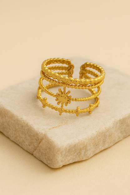 Gold Beaded Sunburst Open Ring LR10121