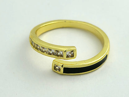 Gold Black Enamel Crystal Open Wrap Ring LR10132