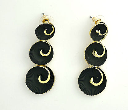 Gold Black Enamel Spiral Disc Drop Earrings LE10247