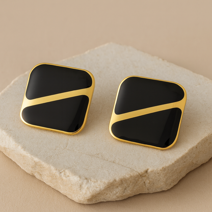 Gold Black Enamel Square Stud Earrings LE10221
