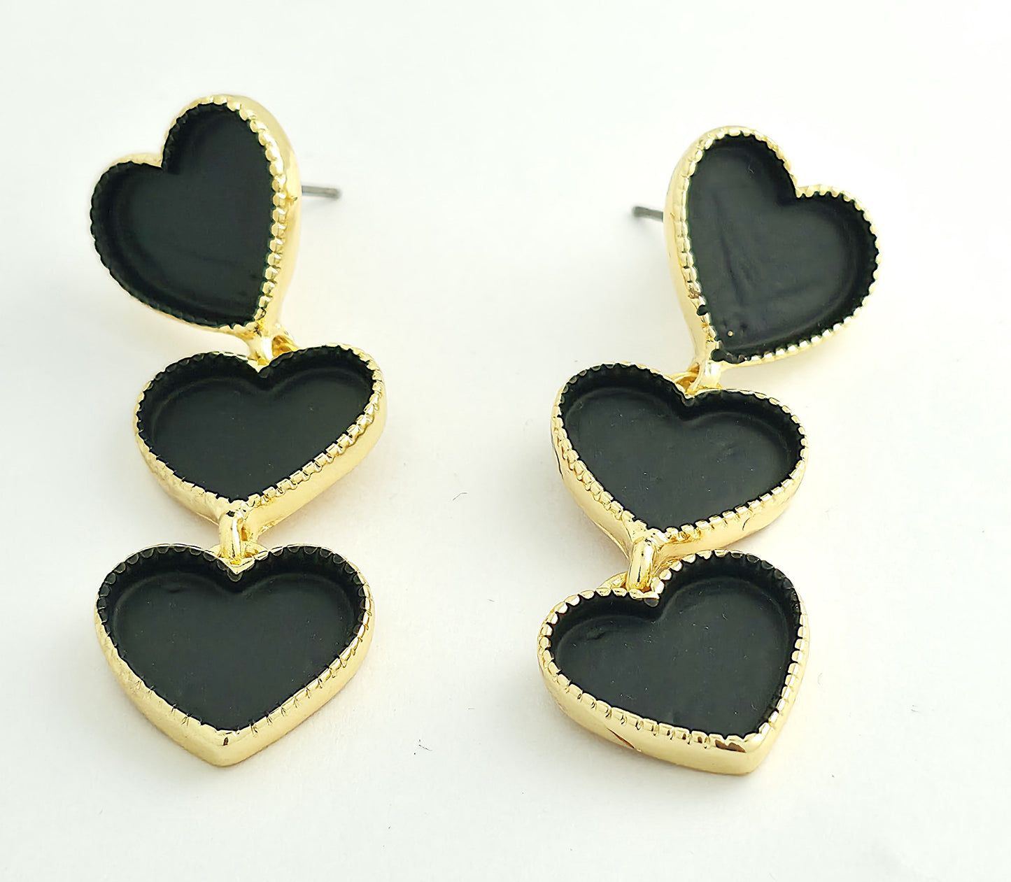 Gold Black Enamel Triple Heart Drop Earrings LE10246