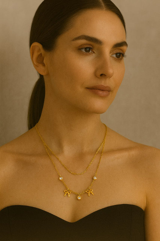 Gold Bow & Heart Charm Layered Necklace – Elegant Double Chain Jewelry LN10148