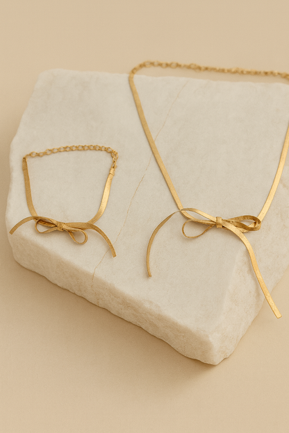 Gold Bow Knot Necklace & Bracelet Set – Minimal Modern Jewelry LN10172