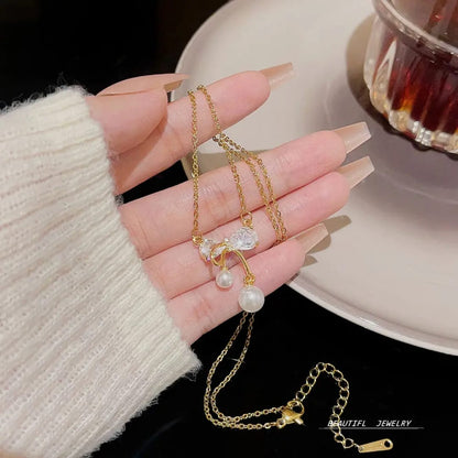Gold Bow Pearl Drop Necklace Elegant Minimalist Pendant LN10171