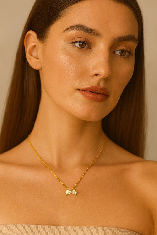 Gold Bow Pendant Necklace Gold Vermeil with Dainty CZ Crystals  Elegant Minimalist Jewelry LN10126