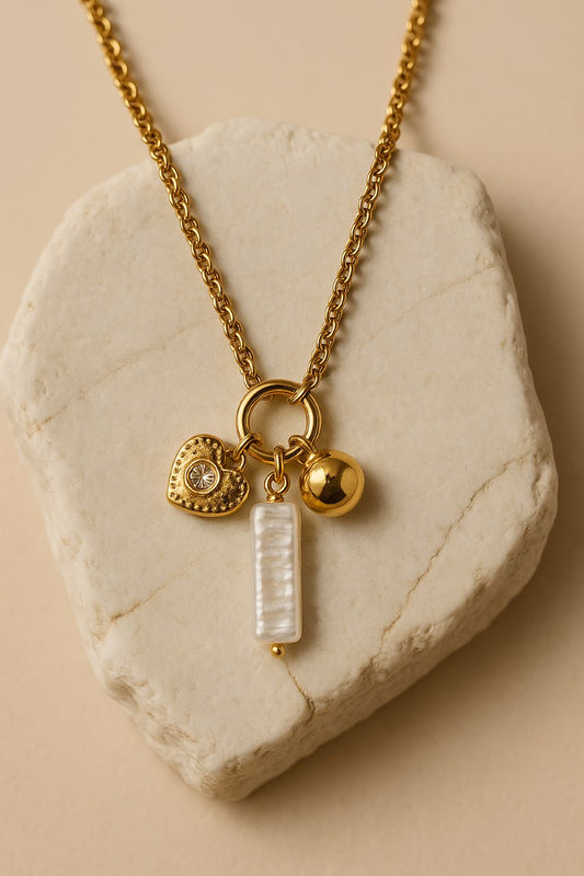 Gold Charm Necklace with Pearl Bar, Heart & Sphere Pendants – Elegant Statement Jewelry LN10143