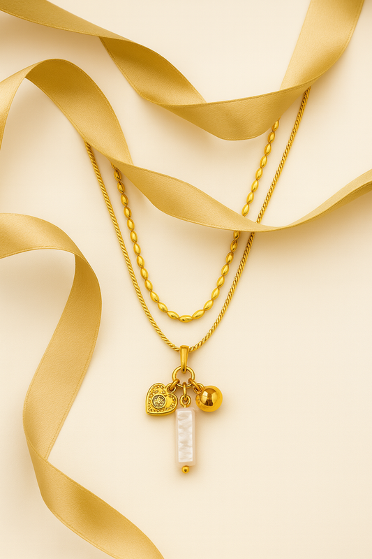Gold Charm Necklace with Pearl Bar, Heart & Sphere Pendants – Elegant Statement Jewelry LN10143