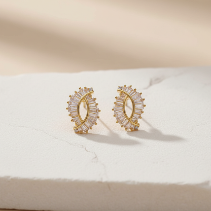 Gold Crystal Marquise Stud Earrings – Elegant Diamond Baguette Design LE10327