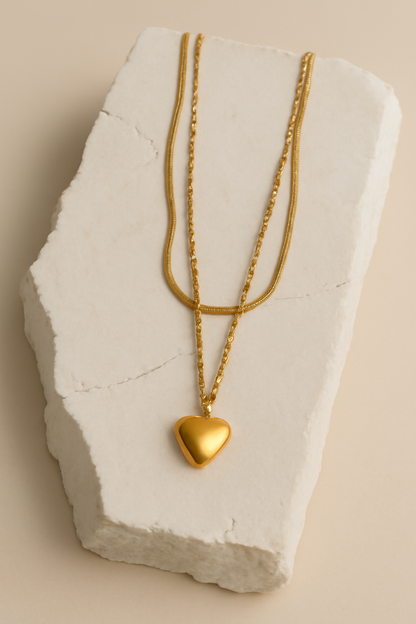 Gold Double Chain Heart Pendant Necklace – Elegant Layered Jewelry LN10151