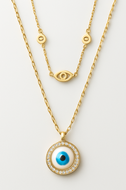 Gold Evil Eye Layered Necklace with Crystal Halo – Protection & Style Jewelry LN10147