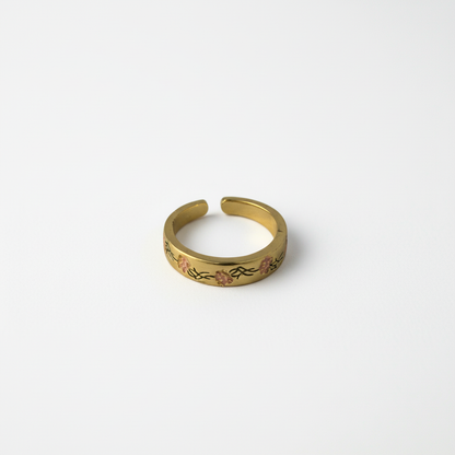 Gold Floral Adjustable Ring with Pink Enamel Blooms LR10195