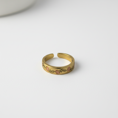 Gold Floral Adjustable Ring with Pink Enamel Blooms LR10195