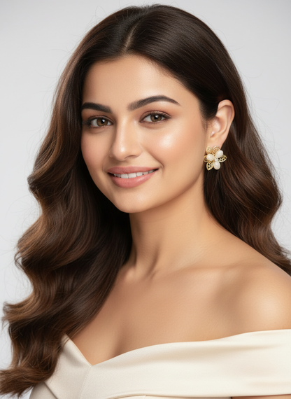 Gold Floral Mesh Stud Earrings with Crystal Center – Elegant Designer Jewelry LE10306