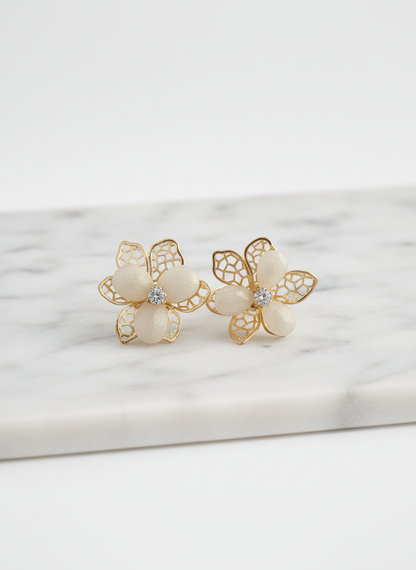 Gold Floral Mesh Stud Earrings with Crystal Center – Elegant Designer Jewelry LE10306