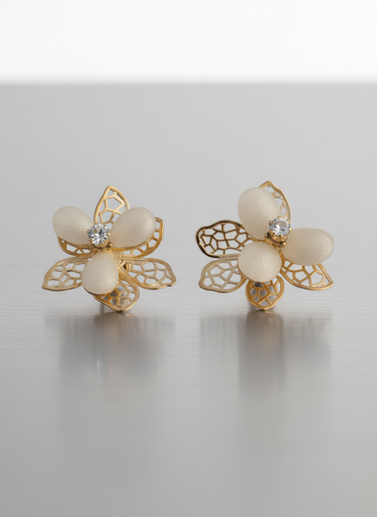 Gold Floral Mesh Stud Earrings with Crystal Center – Elegant Designer Jewelry LE10306