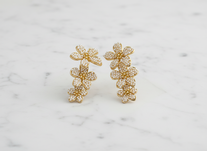 Gold Floral Pearl Drop Earrings – Elegant Cluster Flower Statement Jewelry LE10314
