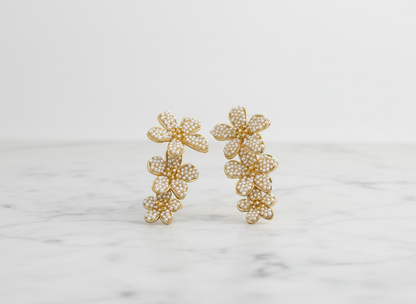 Gold Floral Pearl Drop Earrings – Elegant Cluster Flower Statement Jewelry LE10314