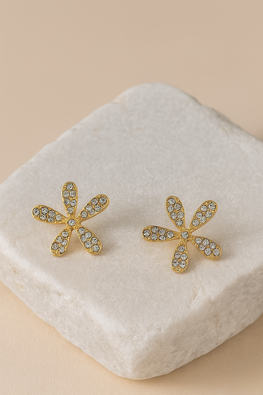 Gold Floral Statement Earrings with Pearl Petals & Crystal Center – Elegant Party Jewelry LE10280