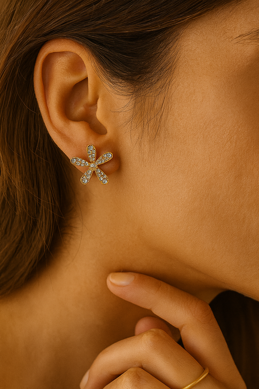 Gold Floral Statement Earrings with Pearl Petals & Crystal Center – Elegant Party Jewelry LE10280