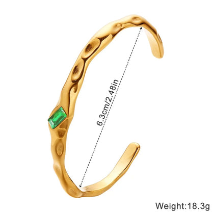 Gold Hammered Open Bangle with Green Gem LB10110