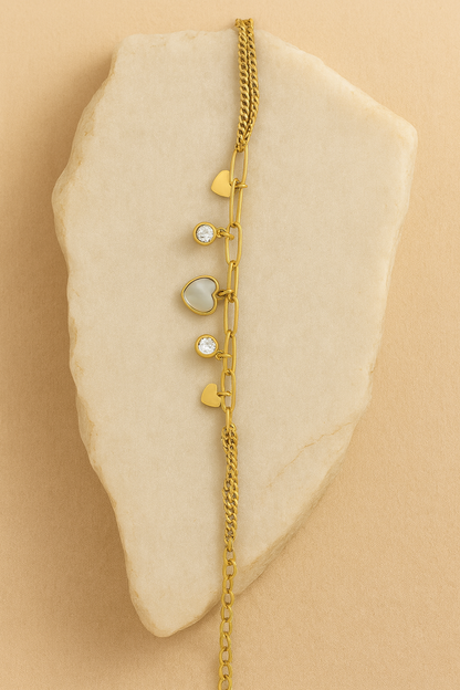 Gold Heart Charm Bracelet – Dual Chain Link Design with Crystal Accents LB10071
